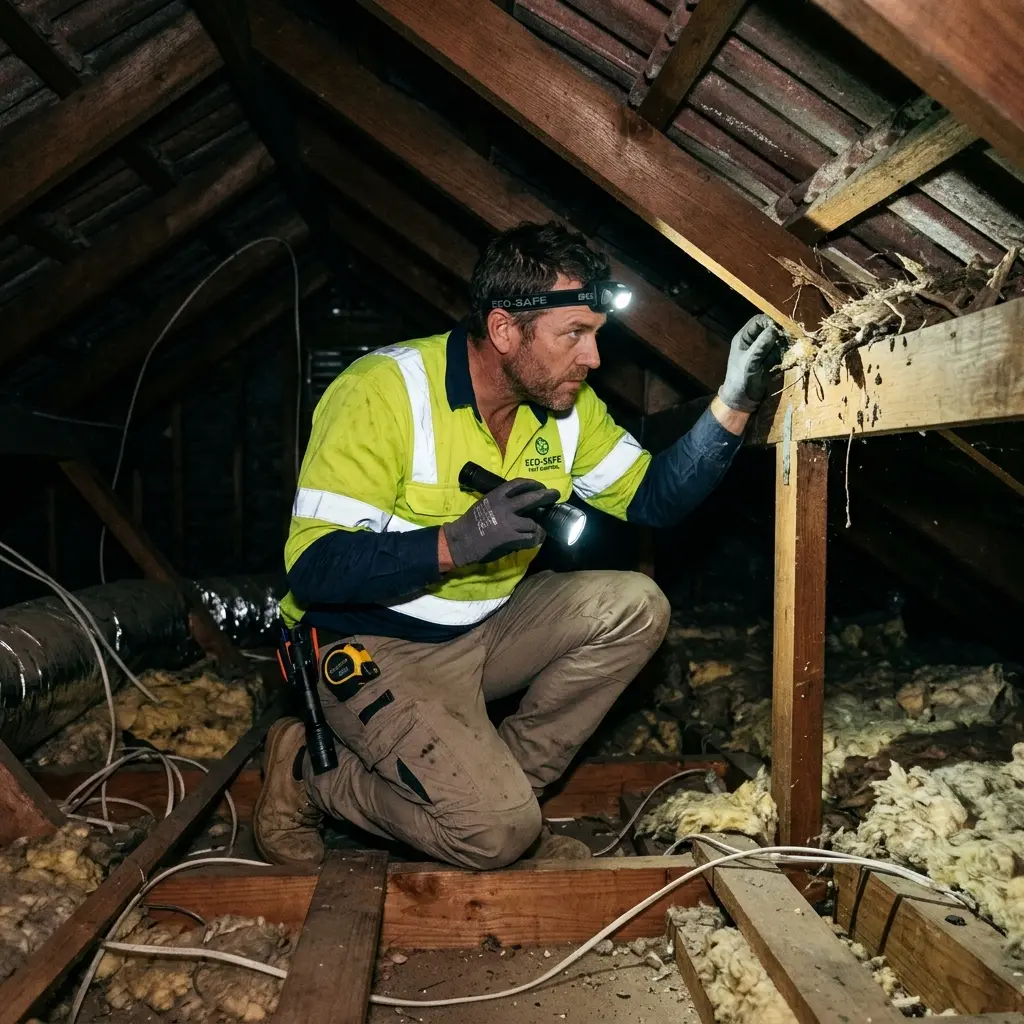 Technician inspecting a roof cavity for a dead animal in Park Orchards