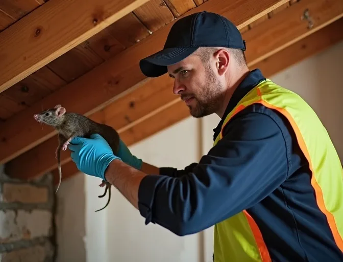 Technician inspecting a roof cavity for a dead rat in Park Orchards